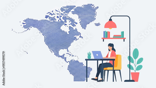 Woman working on laptop near dotted map of Americas