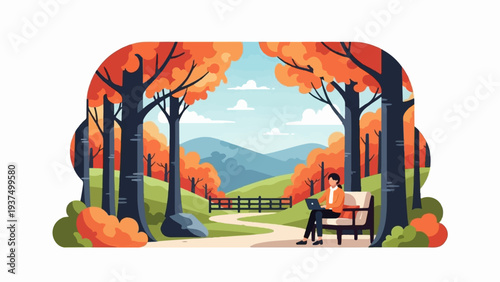 Woman working on laptop on a park bench amidst autumn foliage