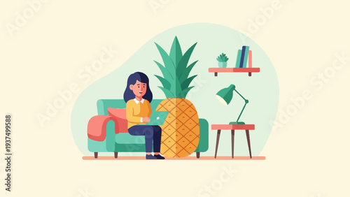 Woman working on laptop next to a giant pineapple in a cozy room