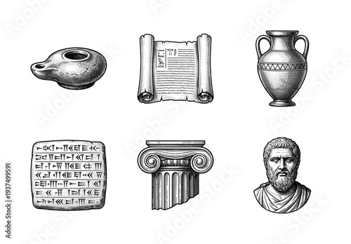Set of ancient civilization artifacts and symbols in a vintage woodcut engraving style including cuneiform tablet and greek bust