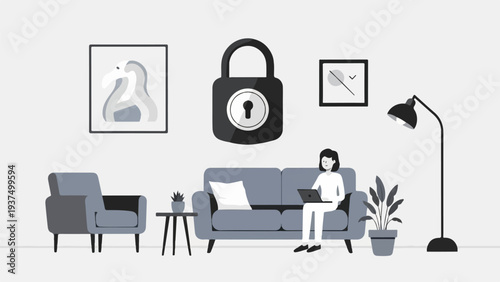 Woman working on laptop on sofa, surrounded by abstract art and a lock icon