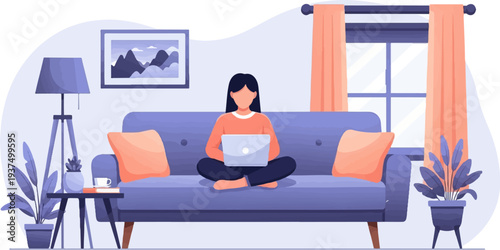 Woman working on laptop on sofa in a cozy living room