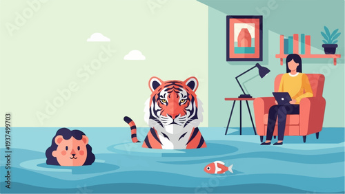 Woman works on laptop in flooded room with tiger and lion heads