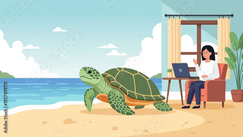 Woman works on laptop near a sea turtle on a beach