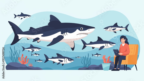 Woman works on laptop surrounded by sharks in the ocean