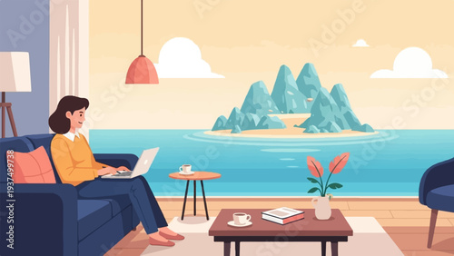 Woman works on laptop on couch with ocean island view