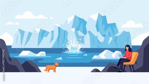 Woman works on laptop with dog in arctic landscape