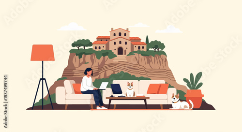 Woman works on laptop with dogs inside overlooking a cliffside villa