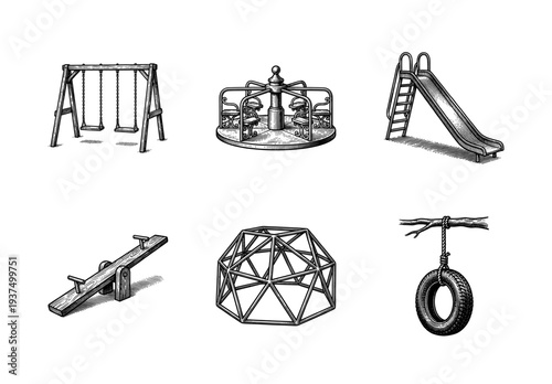 Vintage style engraving illustration of playground equipment set including swings, slide, carousel, seesaw, climbing dome, and tire swing.