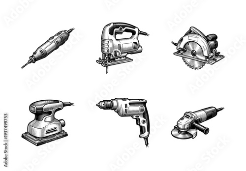 Set of power tools icons including drill circular saw jigsaw angle grinder sander and rotary tool in a detailed black and white vintage engraving style