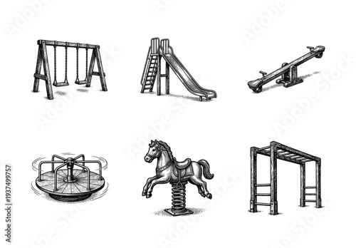 Set of vintage playground equipment illustrations including swing, slide, see-saw, carousel, spring rider horse, and monkey bars in a detailed woodcut engraving style.
