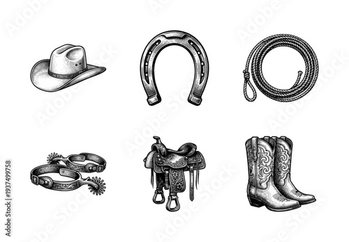 Vintage hand drawn set of western cowboy equipment including hat horseshoe lasso spurs saddle and boots in engraved woodcut style