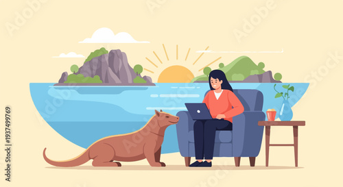 Woman works remotely with dog by the sea at sunrise, surrounded by nature