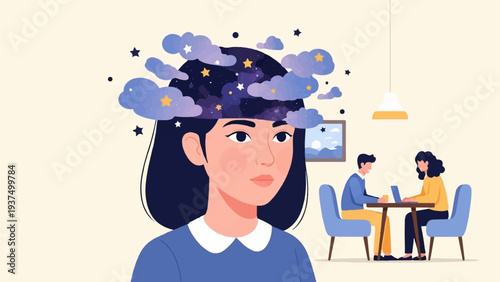 Woman's head filled with stars and clouds, colleagues work at a table