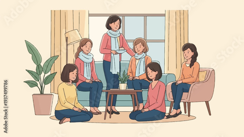 Women gather in a cozy living room, sharing food and conversation around a coffee table