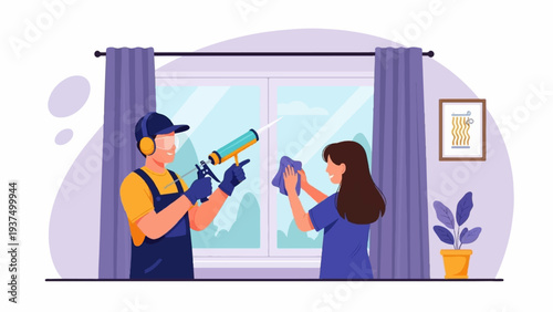 Worker applies sealant to window while woman cleans with cloth
