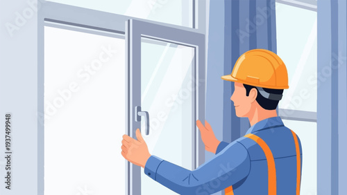 Worker in hard hat installing window