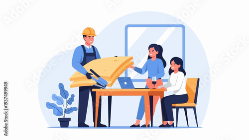 Worker offers insulation material to women at a meeting