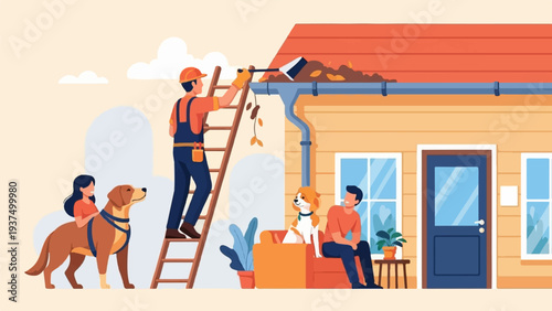 Workers cleaning gutters, family and dogs relax outside their house