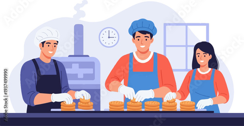 Workers in a factory setting assembling stacked baked goods on a conveyor