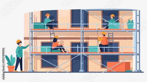 Workers on scaffolding constructing a building