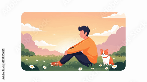 Young man and dog sitting in a field at sunset