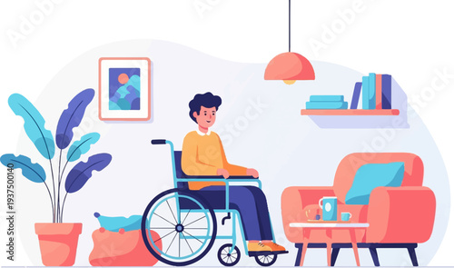 Young man in a wheelchair relaxes in a cozy, modern living room with plants and books