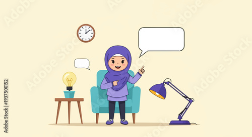 Young girl in hijab sitting in chair, pointing, idea bulb & desk lamp