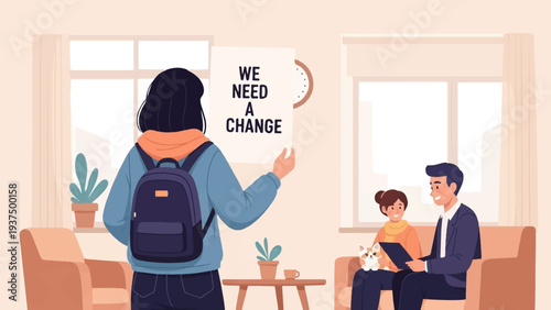 Young person holds protest sign; adults and pet in cozy room