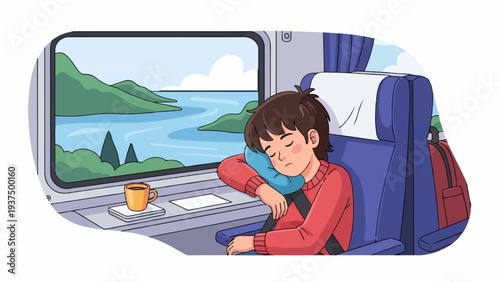 Young traveler asleep with neck pillow and drink on a scenic train journey