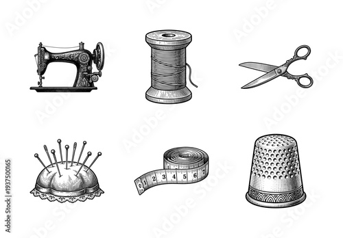 Vintage sewing and tailoring tools collection featuring an antique sewing machine, spool of thread, scissors, pincushion, measuring tape, and thimble in an engraved style.