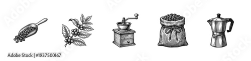 Vintage coffee brewing set featuring hand drawn etchings of coffee beans, a burlap sack, a manual grinder, a moka pot, and a coffee plant branch.