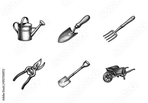 Vintage engraving style collection of essential gardening tools including watering can, trowel, fork, pruners, shovel, and wheelbarrow on a white background