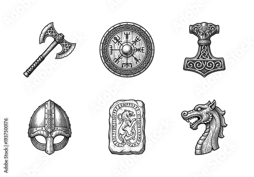 Set of viking mythology icons featuring ancient norse weapons and symbols in a vintage woodcut engraving style