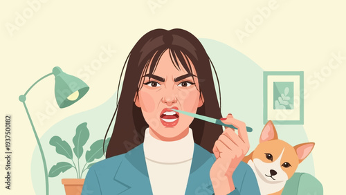 Young woman brushing teeth, annoyed expression, dog nearby