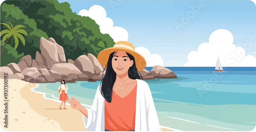 Young woman in hat on tropical beach with another person and sailboat