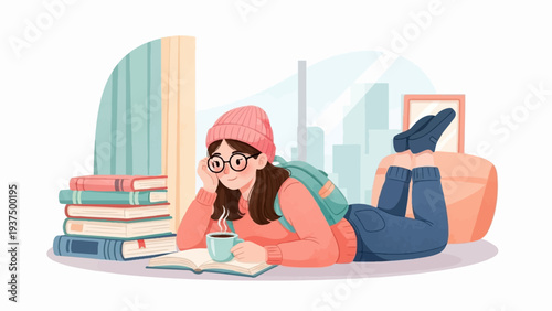 Young person in beanie and glasses relaxes with book and coffee