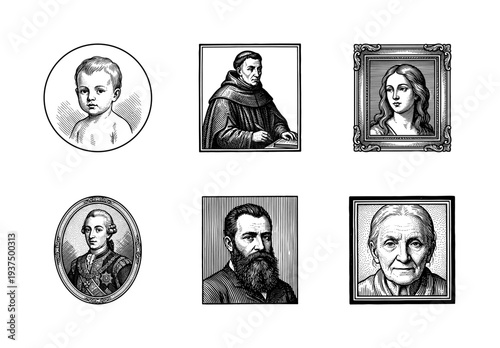 Collection of historical portrait engravings featuring diverse people from infancy to old age in vintage woodcut and etching styles.