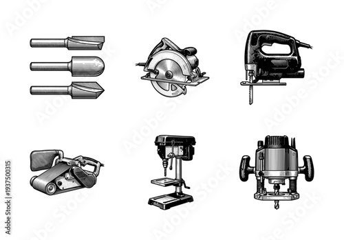 Vintage style engraving illustration of professional woodworking power tools and router bits collection for carpentry and industrial construction.