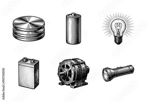 Vintage engraving style collection of electrical components including batteries, light bulb, motor, and flashlight isolated on white.
