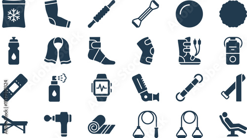 Diverse set of useful icons illustrating common fitness, wellness, and post-workout recovery tools.