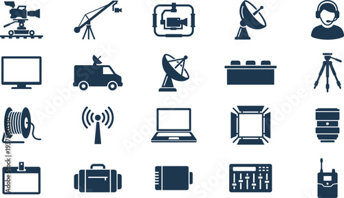 Collection of dark blue silhouette icons representing professional cinematography and broadcast production equipment.