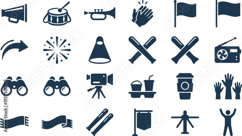 Collection of dark blue icons representing various sports fandom and cheering accessories clearly displayed.