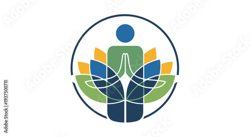 Abstract illustration of a person in lotus position with floral elements