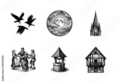 Medieval village collection featuring woodcut style illustrations of ravens, full moon, gothic clock tower, dancing peasants, stone well, and timbered house.
