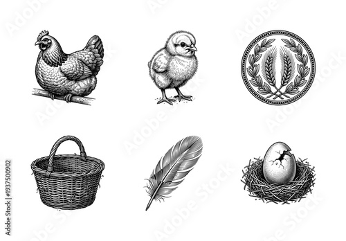 Vintage engraving style farming and poultry set featuring a chicken, chick, cracked egg in nest, basket, feather, and wheat wreath emblem.