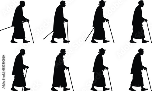 Elderly man walking with cane silhouettes collection featuring senior male people isolated on white background aging and retirement concept