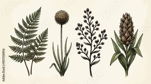 Vintage botanical illustrations of various plants and flowers.