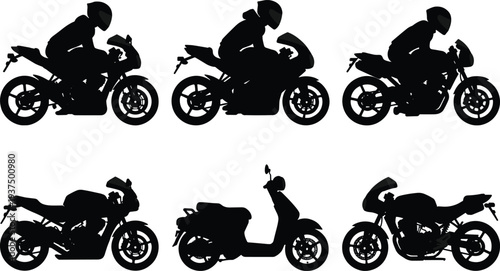 Motorcycle and scooter rider silhouettes collection featuring sport bikes and motorbike riders isolated on white background transportation concept