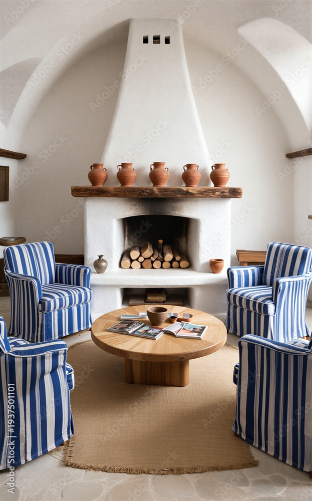 Fototapeta premium Cozy living room with blue striped chairs fireplace and rustic wooden